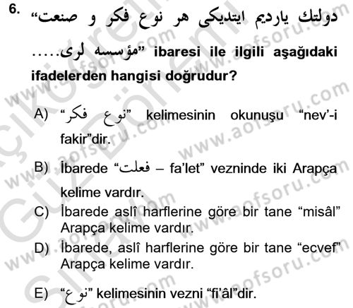 Osmanlı Türkçesi Grameri 1 Dersi Ara Sınavı Deneme Sınav Soruları 6. Soru