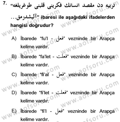 Osmanlı Türkçesi Grameri 1 Dersi Ara Sınavı Deneme Sınav Soruları 7. Soru