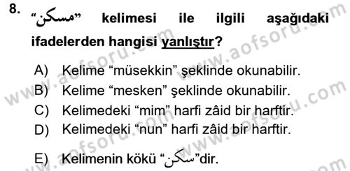 Osmanlı Türkçesi Grameri 1 Dersi Ara Sınavı Deneme Sınav Soruları 8. Soru