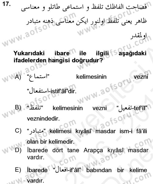 Osmanlı Türkçesi Grameri 1 Dersi 2016 - 2017 Yılı (Final) Dönem Sonu Sınav Soruları 17. Soru