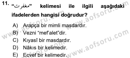 Osmanlı Türkçesi Grameri 1 Dersi Ara Sınavı Deneme Sınav Soruları 11. Soru