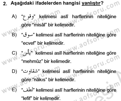 Osmanlı Türkçesi Grameri 1 Dersi Ara Sınavı Deneme Sınav Soruları 2. Soru