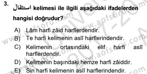 Osmanlı Türkçesi Grameri 1 Dersi Ara Sınavı Deneme Sınav Soruları 3. Soru