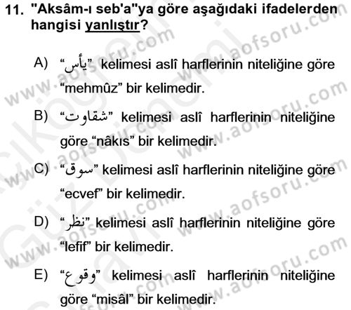 Osmanlı Türkçesi Grameri 1 Dersi Ara Sınavı Deneme Sınav Soruları 11. Soru
