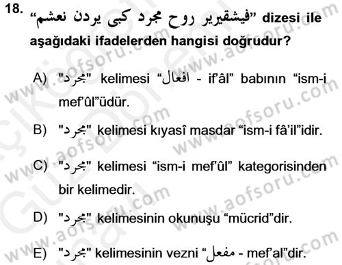 Osmanlı Türkçesi Grameri 1 Dersi Ara Sınavı Deneme Sınav Soruları 18. Soru