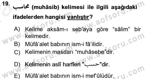 Osmanlı Türkçesi Grameri 1 Dersi 2018 - 2019 Yılı (Vize) Ara Sınavı 19. Soru