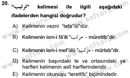 Osmanlı Türkçesi Grameri 1 Dersi Ara Sınavı Deneme Sınav Soruları 20. Soru