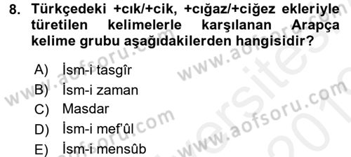 Osmanlı Türkçesi Grameri 1 Dersi Ara Sınavı Deneme Sınav Soruları 8. Soru