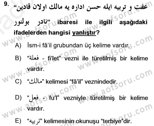 Osmanlı Türkçesi Grameri 1 Dersi Ara Sınavı Deneme Sınav Soruları 9. Soru