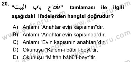 Osmanlı Türkçesi Grameri 1 Dersi 2018 - 2019 Yılı (Final) Dönem Sonu Sınav Soruları 20. Soru