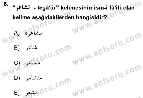 Osmanlı Türkçesi Grameri 1 Dersi 2018 - 2019 Yılı (Final) Dönem Sonu Sınav Soruları 8. Soru