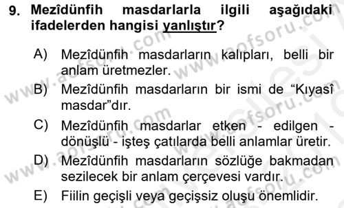 Osmanlı Türkçesi Grameri 1 Dersi 2018 - 2019 Yılı (Final) Dönem Sonu Sınav Soruları 9. Soru