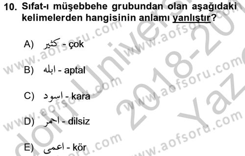 Osmanlı Türkçesi Grameri 1 Dersi 2018 - 2019 Yılı Yaz Okulu Sınav Soruları 10. Soru