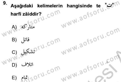 Osmanlı Türkçesi Grameri 1 Dersi 2018 - 2019 Yılı Yaz Okulu Sınav Soruları 9. Soru