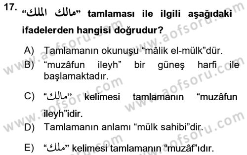 Osmanlı Türkçesi Grameri 1 Dersi 2019 - 2020 Yılı (Final) Dönem Sonu Sınav Soruları 17. Soru