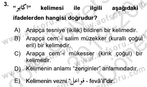 Osmanlı Türkçesi Grameri 1 Dersi 2019 - 2020 Yılı (Final) Dönem Sonu Sınav Soruları 3. Soru