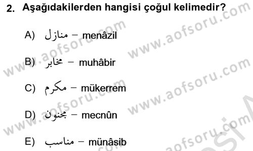 Osmanlı Türkçesi Grameri 1 Dersi 2020 - 2021 Yılı Yaz Okulu Sınav Soruları 2. Soru