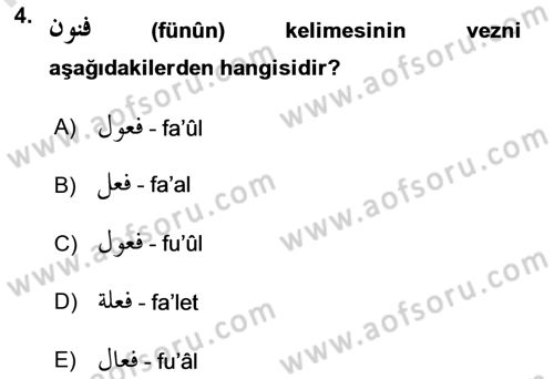 Osmanlı Türkçesi Grameri 1 Dersi 2020 - 2021 Yılı Yaz Okulu Sınav Soruları 4. Soru