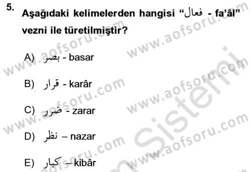 Osmanlı Türkçesi Grameri 1 Dersi 2020 - 2021 Yılı Yaz Okulu Sınavı 5. Soru