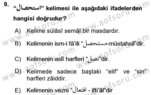 Osmanlı Türkçesi Grameri 1 Dersi 2020 - 2021 Yılı Yaz Okulu Sınav Soruları 9. Soru