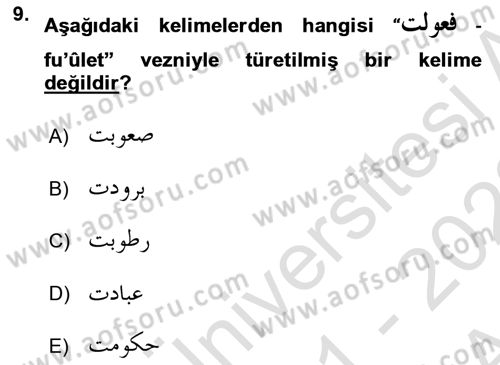 Osmanlı Türkçesi Grameri 1 Dersi 2021 - 2022 Yılı (Vize) Ara Sınav Soruları 9. Soru