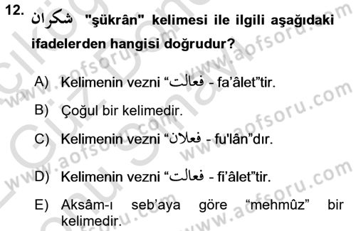Osmanlı Türkçesi Grameri 1 Dersi 2021 - 2022 Yılı (Final) Dönem Sonu Sınav Soruları 12. Soru