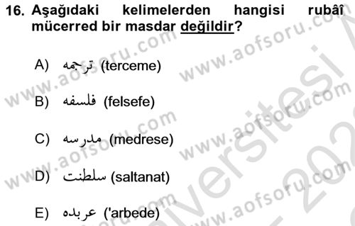 Osmanlı Türkçesi Grameri 1 Dersi 2021 - 2022 Yılı Yaz Okulu Sınav Soruları 16. Soru