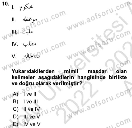 Osmanlı Türkçesi Grameri 1 Dersi Ara Sınavı Deneme Sınav Soruları 10. Soru