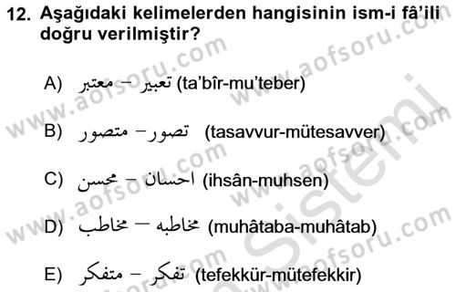 Osmanlı Türkçesi Grameri 1 Dersi Ara Sınavı Deneme Sınav Soruları 12. Soru