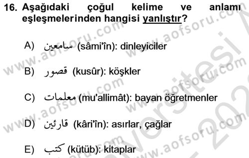 Osmanlı Türkçesi Grameri 1 Dersi Ara Sınavı Deneme Sınav Soruları 16. Soru