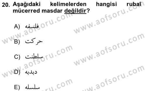 Osmanlı Türkçesi Grameri 1 Dersi Ara Sınavı Deneme Sınav Soruları 20. Soru