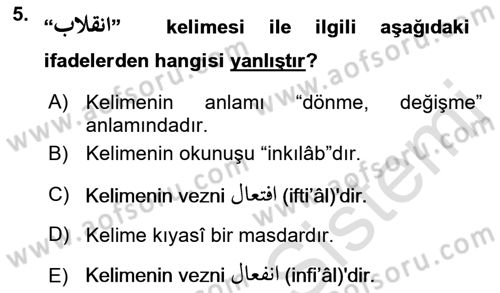 Osmanlı Türkçesi Grameri 1 Dersi Ara Sınavı Deneme Sınav Soruları 5. Soru