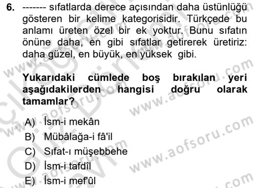 Osmanlı Türkçesi Grameri 1 Dersi Ara Sınavı Deneme Sınav Soruları 6. Soru