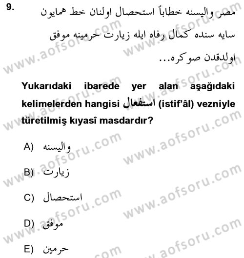 Osmanlı Türkçesi Grameri 1 Dersi Ara Sınavı Deneme Sınav Soruları 9. Soru