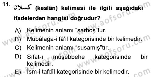 Osmanlı Türkçesi Grameri 1 Dersi 2022 - 2023 Yılı (Final) Dönem Sonu Sınav Soruları 11. Soru