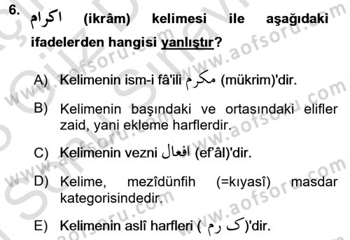 Osmanlı Türkçesi Grameri 1 Dersi 2022 - 2023 Yılı (Final) Dönem Sonu Sınav Soruları 6. Soru