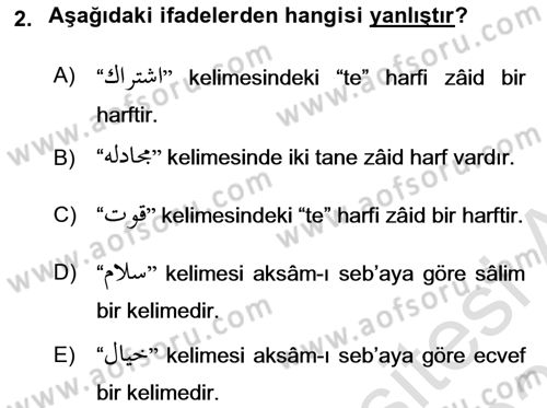 Osmanlı Türkçesi Grameri 1 Dersi 2022 - 2023 Yılı Yaz Okulu Sınav Soruları 2. Soru