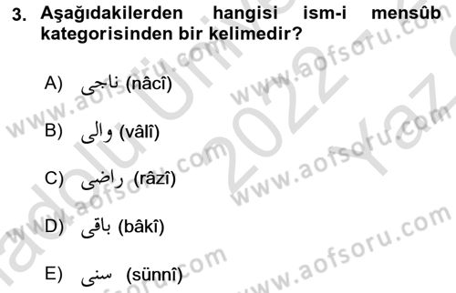 Osmanlı Türkçesi Grameri 1 Dersi 2022 - 2023 Yılı Yaz Okulu Sınav Soruları 3. Soru