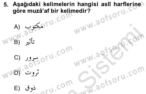 Osmanlı Türkçesi Grameri 1 Dersi 2022 - 2023 Yılı Yaz Okulu Sınav Soruları 5. Soru