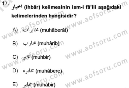 Osmanlı Türkçesi Grameri 1 Dersi Ara Sınavı Deneme Sınav Soruları 17. Soru