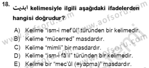 Osmanlı Türkçesi Grameri 1 Dersi Ara Sınavı Deneme Sınav Soruları 18. Soru
