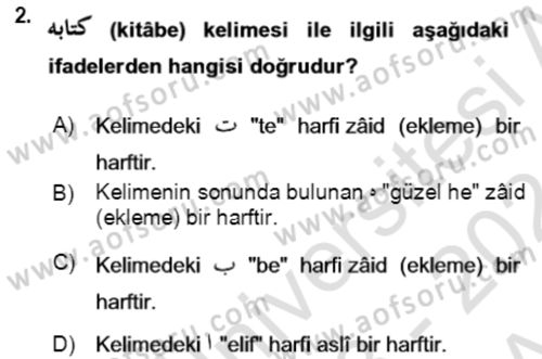 Osmanlı Türkçesi Grameri 1 Dersi Ara Sınavı Deneme Sınav Soruları 2. Soru