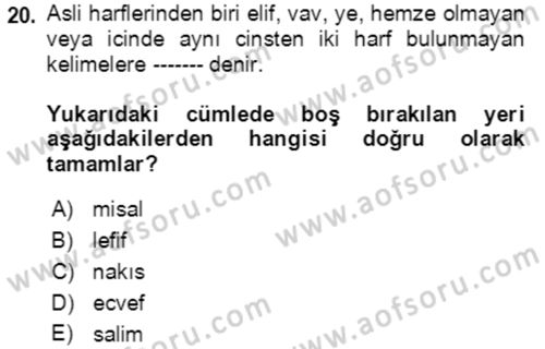 Osmanlı Türkçesi Grameri 1 Dersi Ara Sınavı Deneme Sınav Soruları 20. Soru