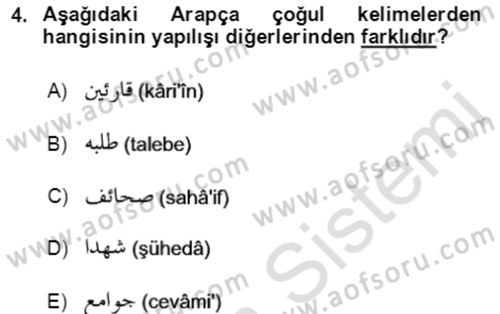Osmanlı Türkçesi Grameri 1 Dersi Ara Sınavı Deneme Sınav Soruları 4. Soru