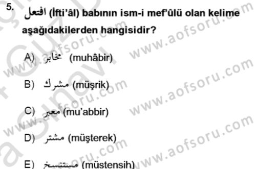 Osmanlı Türkçesi Grameri 1 Dersi Ara Sınavı Deneme Sınav Soruları 5. Soru