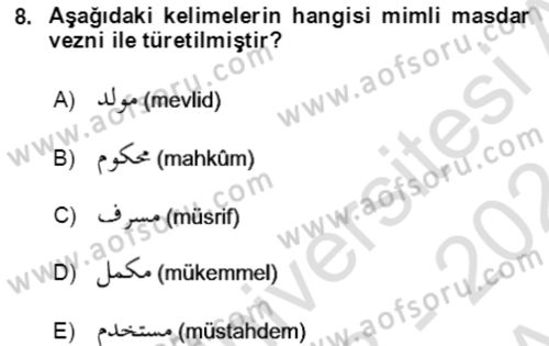 Osmanlı Türkçesi Grameri 1 Dersi Ara Sınavı Deneme Sınav Soruları 8. Soru