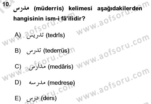 Osmanlı Türkçesi Grameri 1 Dersi 2023 - 2024 Yılı (Final) Dönem Sonu Sınavı 10. Soru