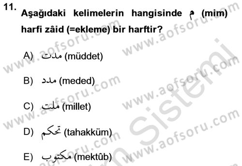 Osmanlı Türkçesi Grameri 1 Dersi 2023 - 2024 Yılı (Final) Dönem Sonu Sınavı 11. Soru