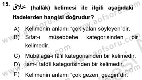 Osmanlı Türkçesi Grameri 1 Dersi 2023 - 2024 Yılı (Final) Dönem Sonu Sınavı 15. Soru