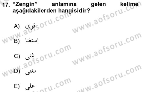 Osmanlı Türkçesi Grameri 1 Dersi 2023 - 2024 Yılı (Final) Dönem Sonu Sınavı 17. Soru